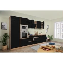 Respekta Premium Küchenzeile Grifflos 345 Cm Schwarz Hochglanz-Eiche Sägerau