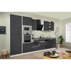 Respekta Premium Küchenzeile Grifflos 345 Cm Grau Hochglanz-Weiß