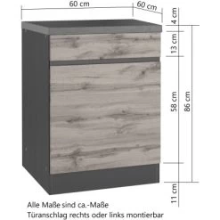 Held Möbel Küchenunterschrank Turin 60 Cm 1 Tür 1 Schublade Graphit/Wotaneiche -Küchenwerkzeug – los geht’s! 189414 11016600 CU 05