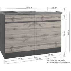 Held Möbel Spülenunterschrank Turin 120 Cm Mit 2 Türen Graphit/Wotaneiche -Küchenwerkzeug – los geht’s! 189424 11016600 VM 05