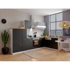 Respekta Winkelküche KBL310WSCG 310 X 172 Cm Schwarz-Weiß-Butcher Nussbaum