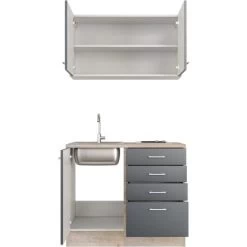 Flex-Well Exclusiv Miniküche Morena 100 Cm Basaltgrau Matt - San Remo Eiche -Küchenwerkzeug – los geht’s! 4051 Morena G100501000open