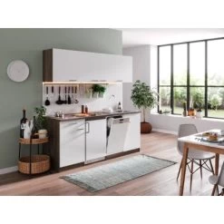 Respekta Küchenzeile KB195EYWC 195 Cm Weiß-Eiche Nachbildung Glaskeramikkochfeld