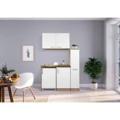 Respekta Miniküche MK130ESWOSC 130 Cm Weiß-Eiche Sägerau Nachbildung