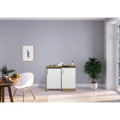 Respekta Miniküche MK100ESW 100 Cm Weiß-Eiche Sägerau Nachbildung