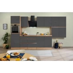 Respekta Küchenzeile Ohne E-Geräte 370 Cm Grifflos Grau Hochglanz-Eiche Sägerau