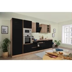 Respekta Premium Küchenzeile GLRP345HESSGKEOES Grifflos 345 Cm Schwarz Eiche NB