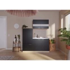 Respekta Miniküche KB160ESS 160 Cm Schwarz-Eiche Sonoma Sägerau Nachbildung