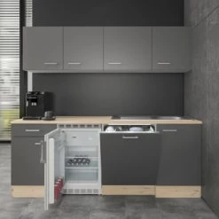 Flex-Well Exclusiv Büroküche Morena 210 Cm Basaltgrau Matt-San Remo Eiche Hell -Küchenwerkzeug – los geht’s! G2101612000MorenaFrontal1