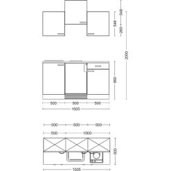 Flex-Well Exclusiv Singleküche Orlando 150 Cm Kaschmir Glanz - Sonoma Eiche -Küchenwerkzeug – los geht’s! Skizze G1501001000 38mmAPL 2