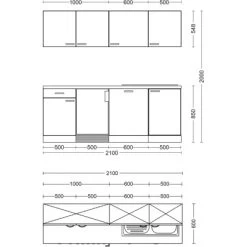 Flex-Well Exclusiv Büroküche Morena 210 Cm Basaltgrau Matt-San Remo Eiche Hell -Küchenwerkzeug – los geht’s! Skizze G2101612000 28mmAPL